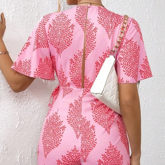 Pink Boho Womens Allover Print Knot Side Wrap Romper - Picture 2 of 5